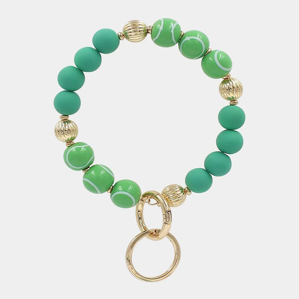 Green Tennis Ball Wood Ball Accented Beaded Keychain / Bracelet - Jewelry Store by Erik Rayo