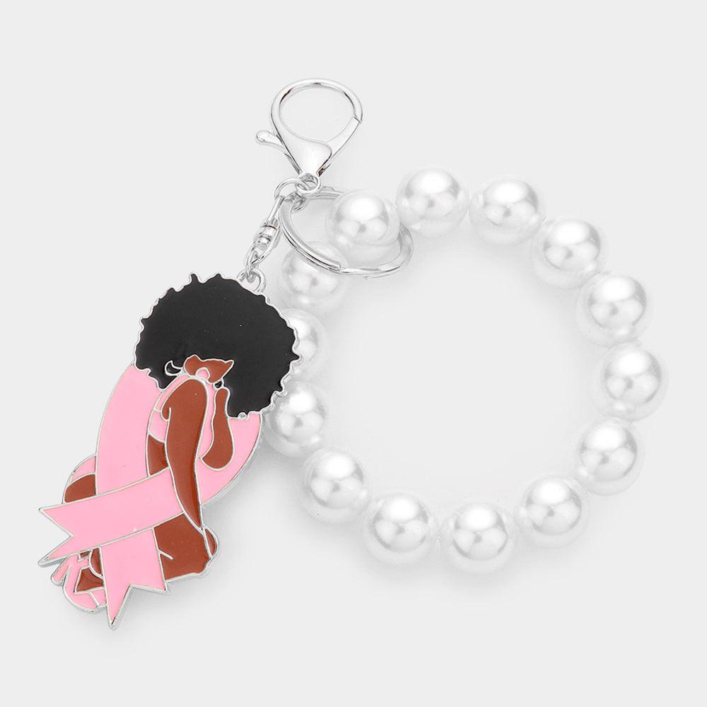 Pink Pink Ribbon Afro Girl Pearl Stretch Keychain / Bracelet