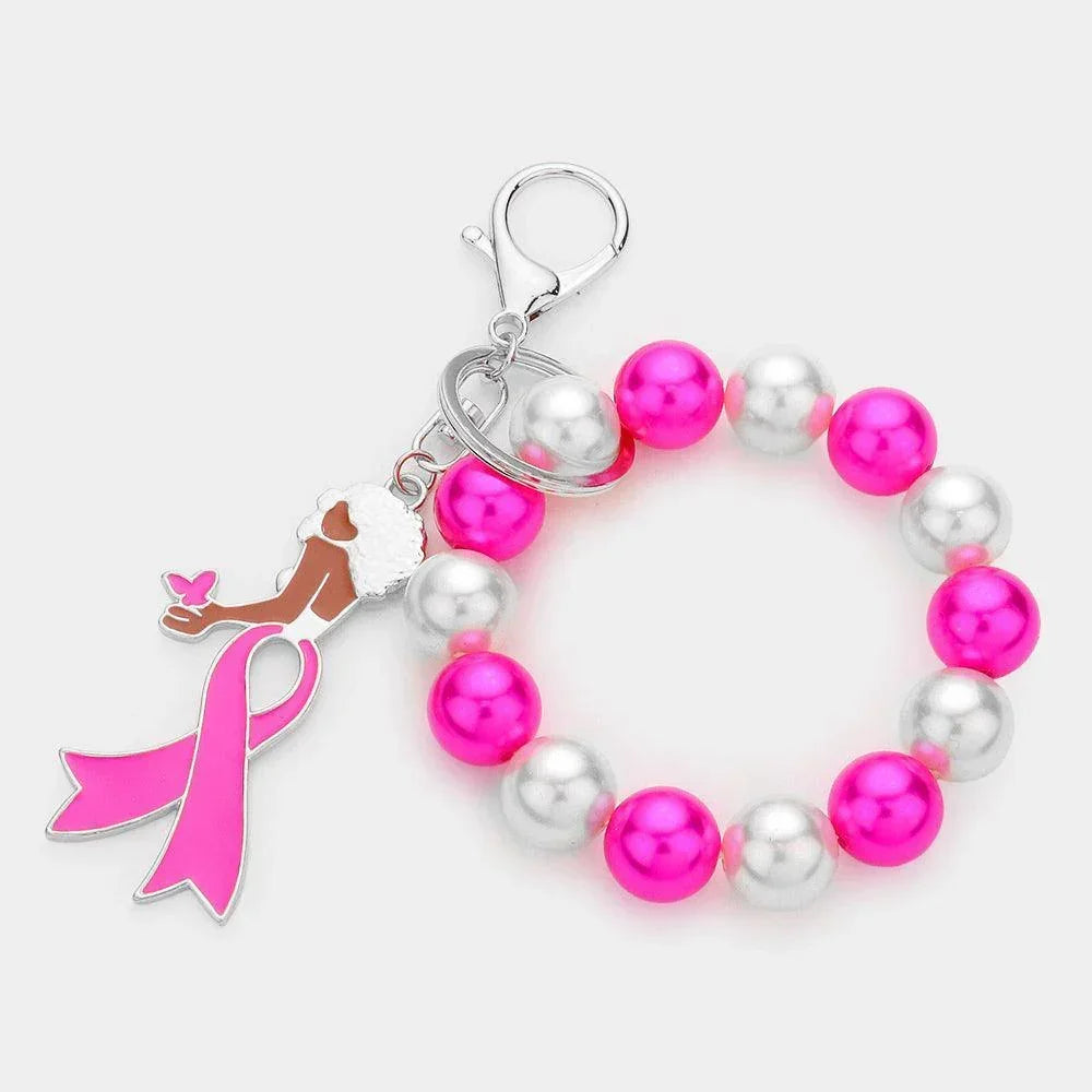 Pink Pink Ribbon Afro Girl Pearl Stretch Keychain / Bracelet - Jewelry Store by Erik Rayo