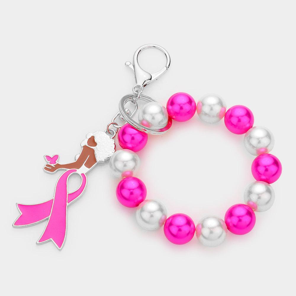 Pink Pink Ribbon Afro Girl Pearl Stretch Keychain / Bracelet