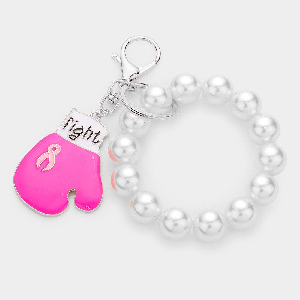 Pink Fight Message Pink Ribbon Glove Pearl Stretch Keychain / Bracelet