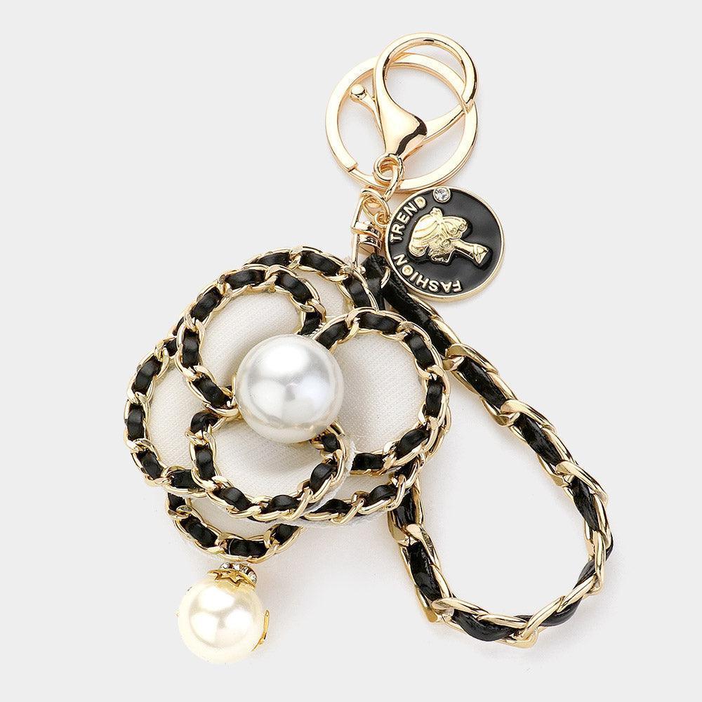 Pearl Pointed Faux Leather Braided Chain Deco Flower Key Chain - Jewelry Store by Erik Rayo
