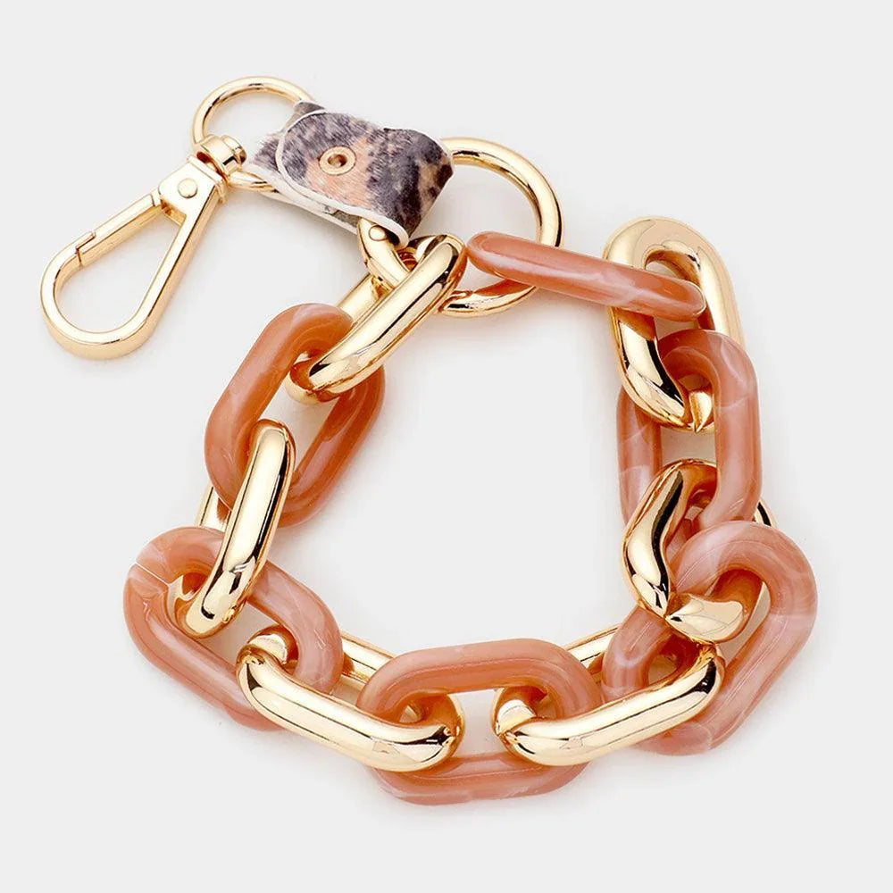 Pink Genuine Leather Celluloid Acetate Oval Link Bracelet / Keychain - Jewelry Store by Erik Rayo
