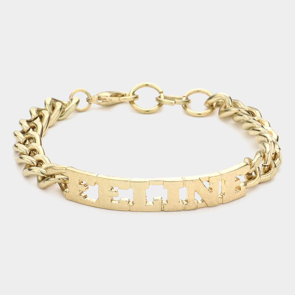 Gold Feline Nameplate Link Bracelet