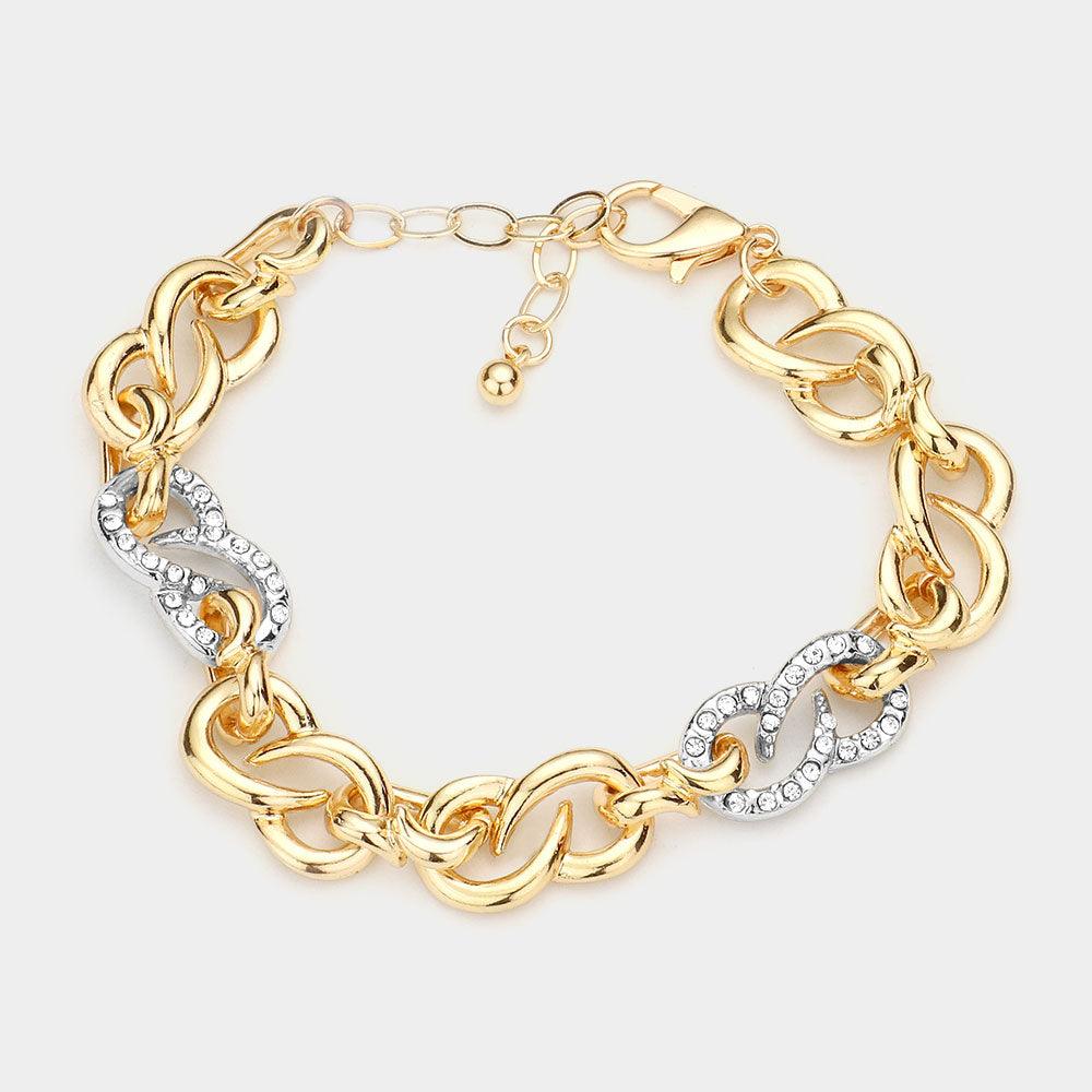 Two Tone Rhinestone Embellished Metal Link Bracelet