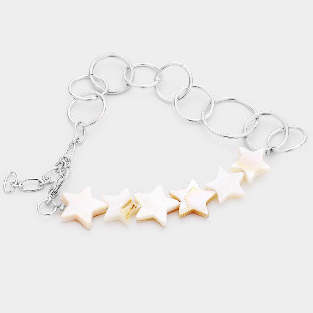 Silver Mother of Pearl Star Open Circle Chain Link Bracelet