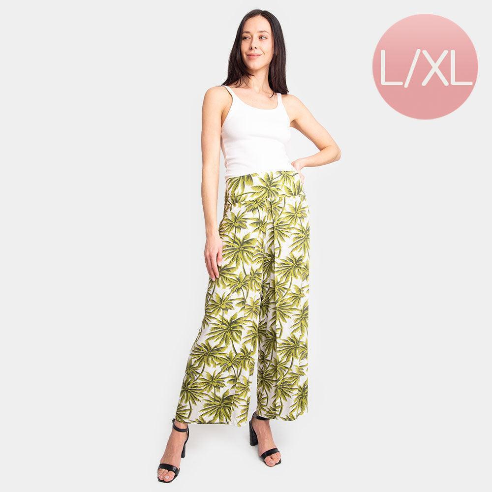 Green Palm Tree Print Slit Wide Leg Palazzo Pants - Jewelry Store by Erik Rayo