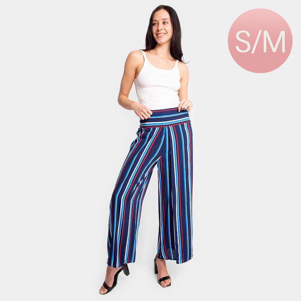 Blue Striped Print Slit Wide Leg Palazzo Pants