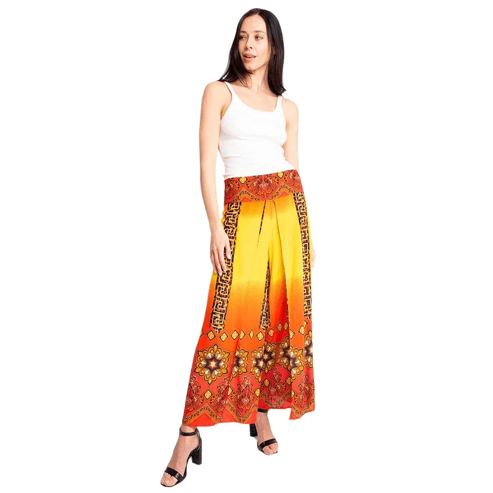 Yellow Greek Print Slit Wide Leg Palazzo Pants - Jewelry Store by Erik Rayo