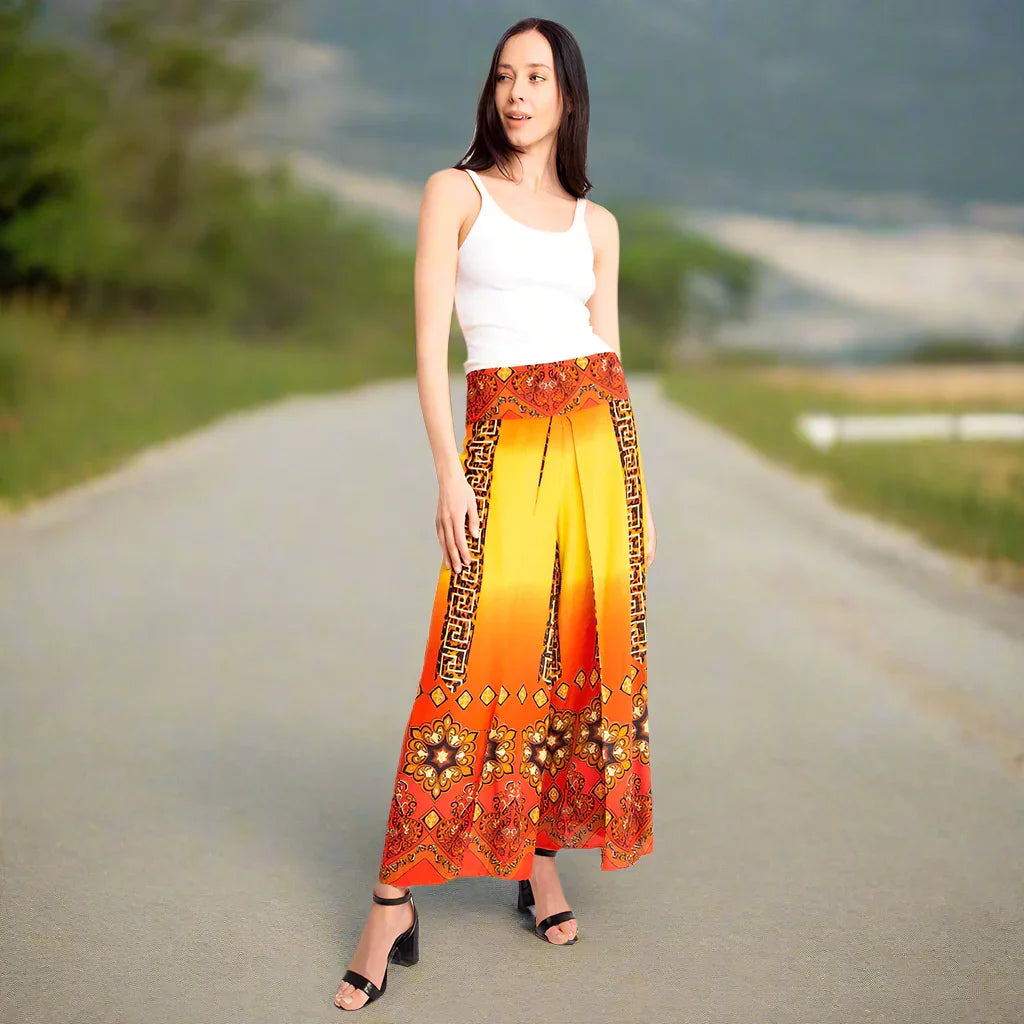 Yellow Greek Print Slit Wide Leg Palazzo Pants - Jewelry Store by Erik Rayo