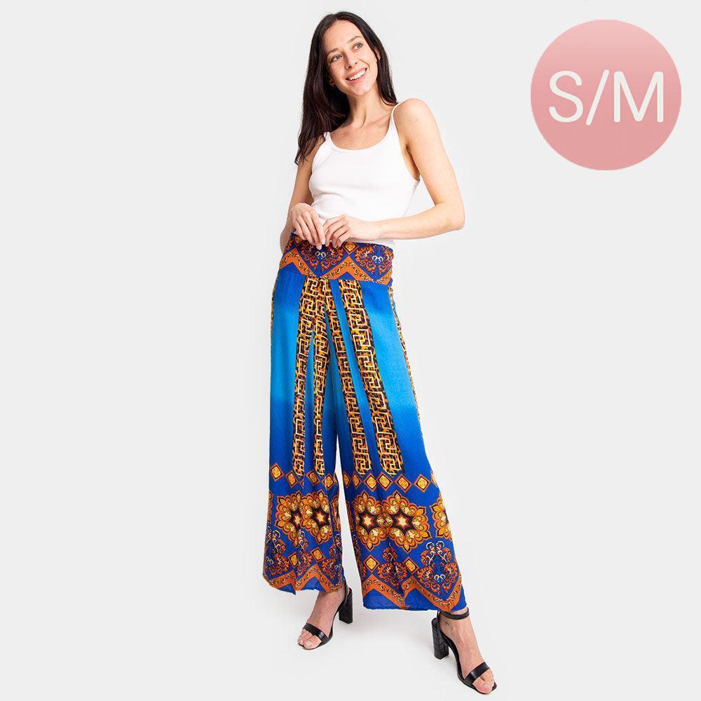 Blue Greek Print Slit Wide Leg Palazzo Pants - Jewelry Store by Erik Rayo