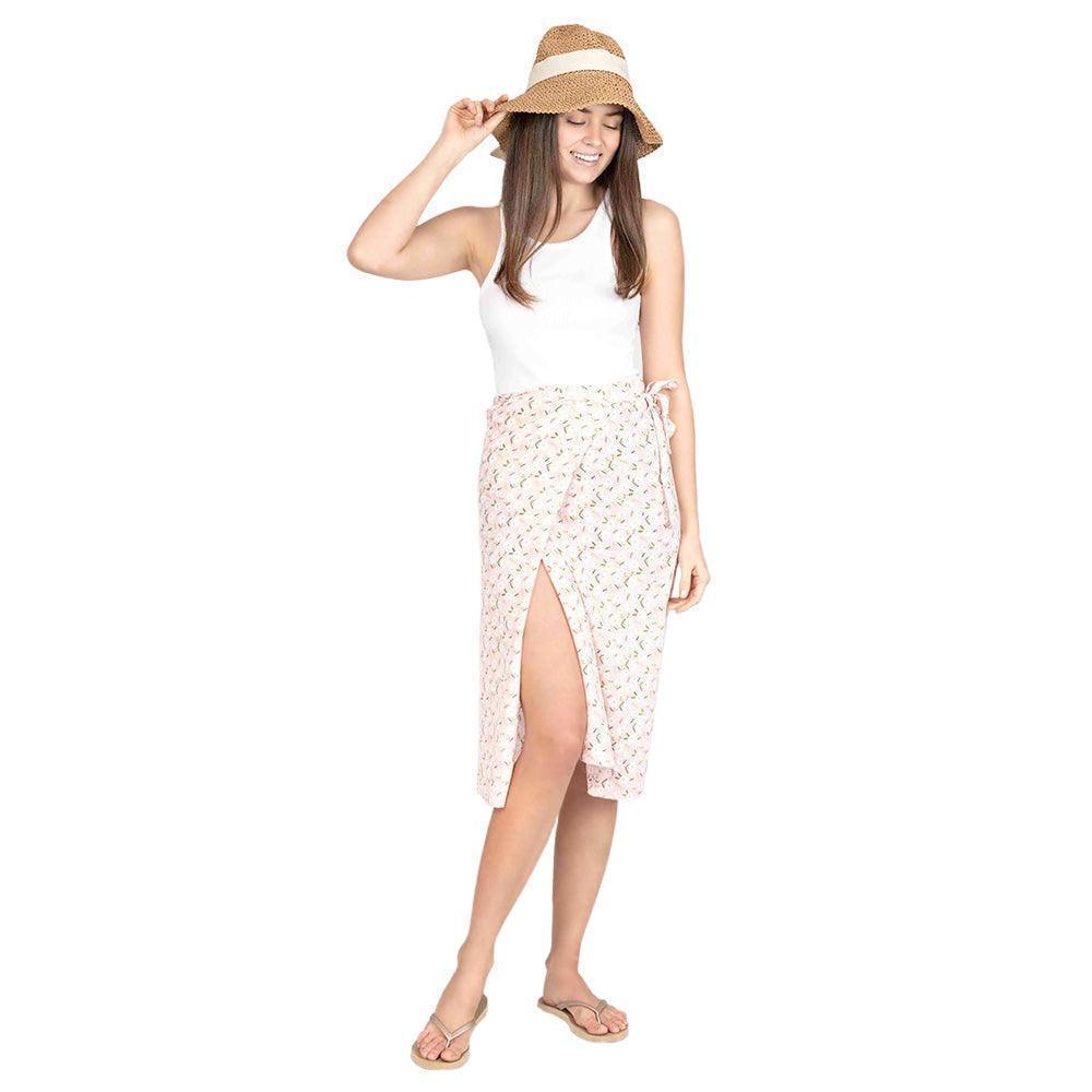 Pink Flower Patterned Beach Cover Up Midi Wrap Skirt - Jewelry Store by Erik Rayo