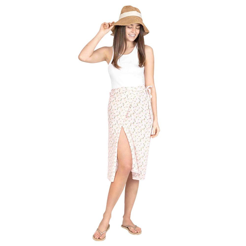 Pink Flower Patterned Beach Cover Up Midi Wrap Skirt