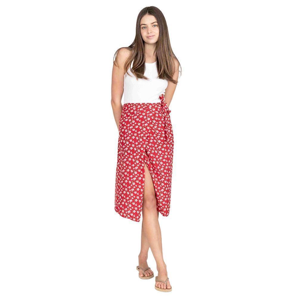 Red Flower Patterned Beach Cover Up Midi Wrap Skirt - Jewelry Store by Erik Rayo