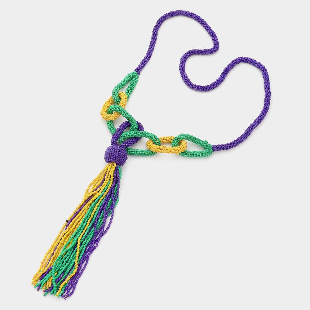 Mardi Gras Seed Bead Knot Fringe Long Necklace - Jewelry Store by Erik Rayo