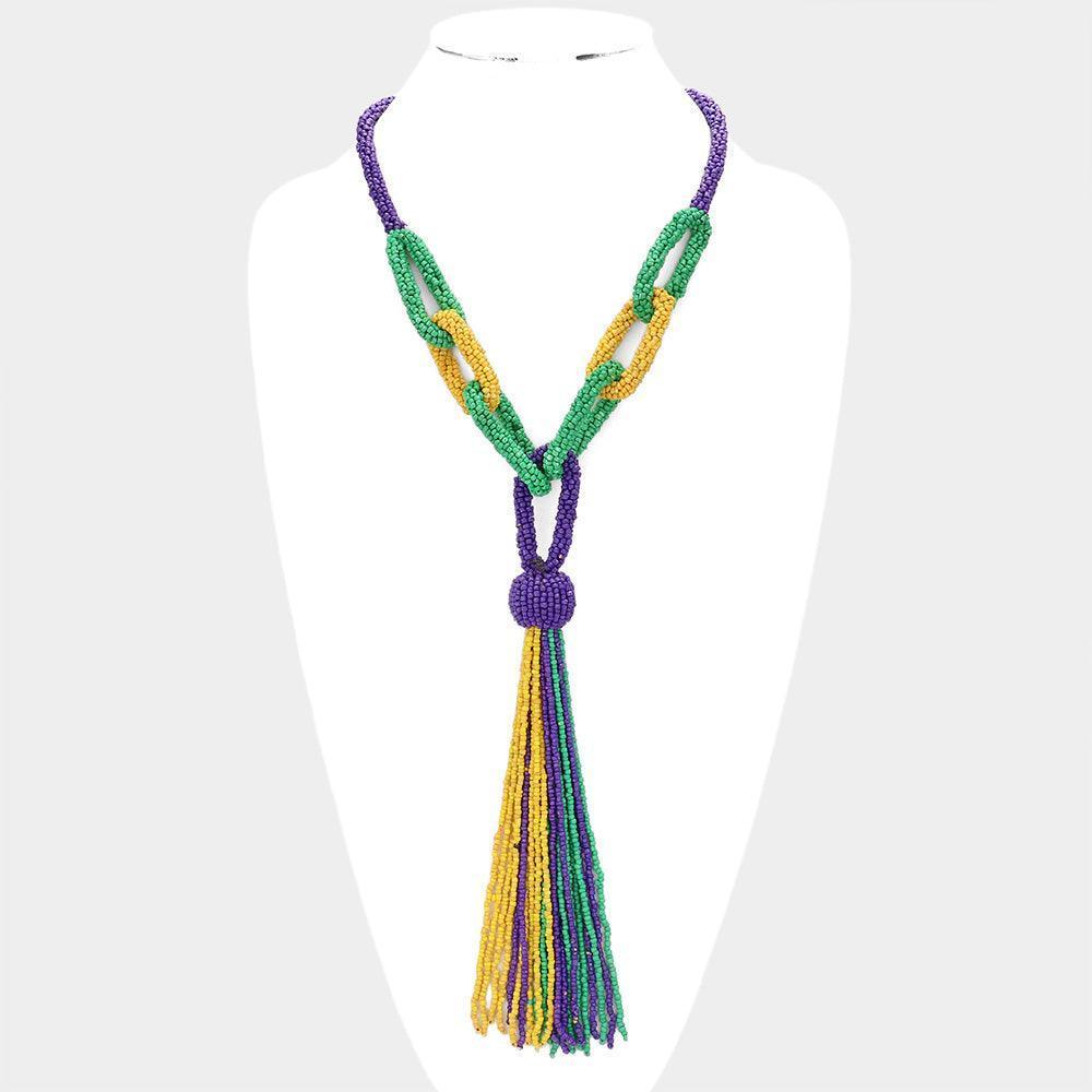 Mardi Gras Seed Bead Knot Fringe Long Necklace - Jewelry Store by Erik Rayo