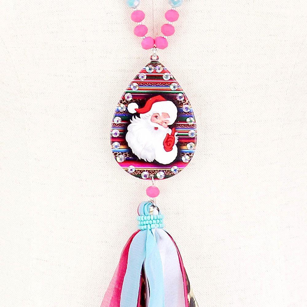 Stone Trim Santa Claus Serape Print Metal Teardrop Tassel Pendant Long Necklace - Jewelry Store by Erik Rayo