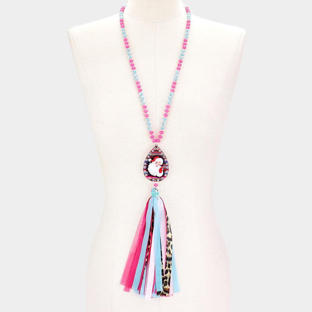 Stone Trim Santa Claus Serape Print Metal Teardrop Tassel Pendant Long Necklace - Jewelry Store by Erik Rayo
