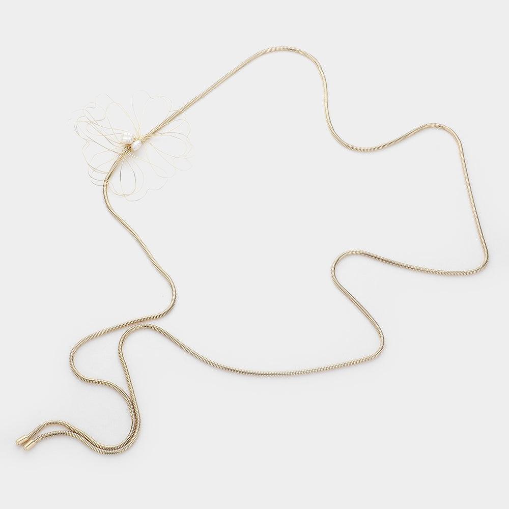 Gold Pearl Pointed Metal Wire Flower Accented Adjustable Long Necklace - Jewelry Store by Erik Rayo