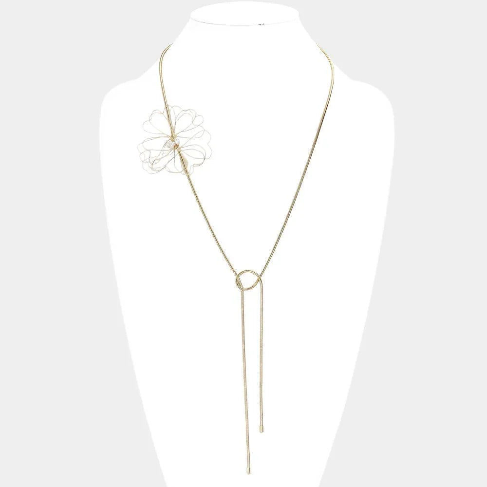 Gold Pearl Pointed Metal Wire Flower Accented Adjustable Long Necklace - Jewelry Store by Erik Rayo