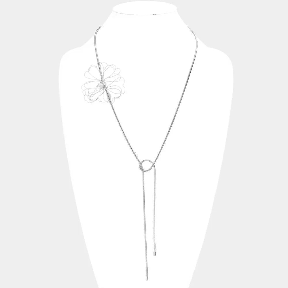 Pearl Pointed Metal Wire Flower Accented Adjustable Long Necklace - Jewelry Store by Erik Rayo