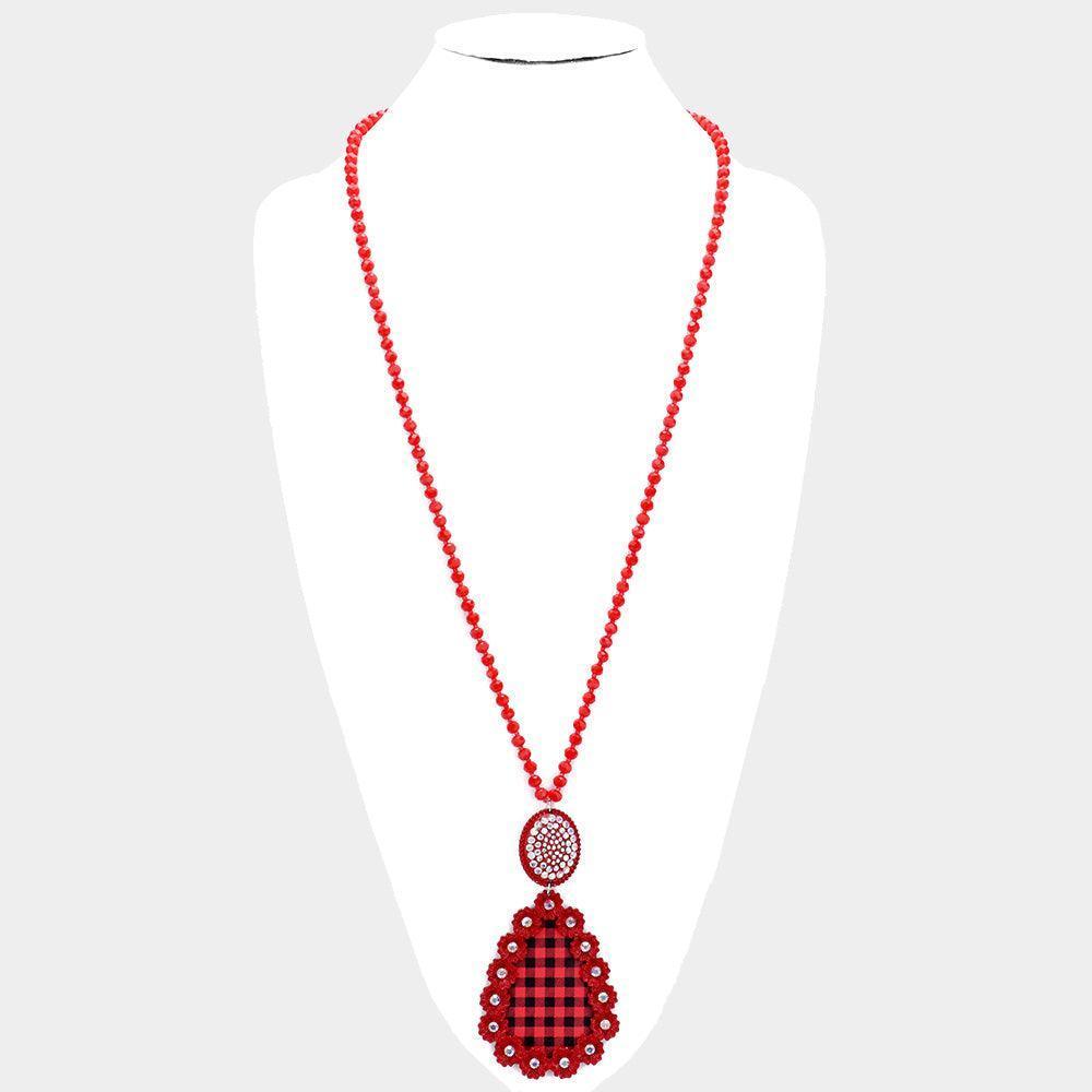 Red Buffalo Check Plaid Flower Rhinestone Pendant Long Necklace - Jewelry Store by Erik Rayo