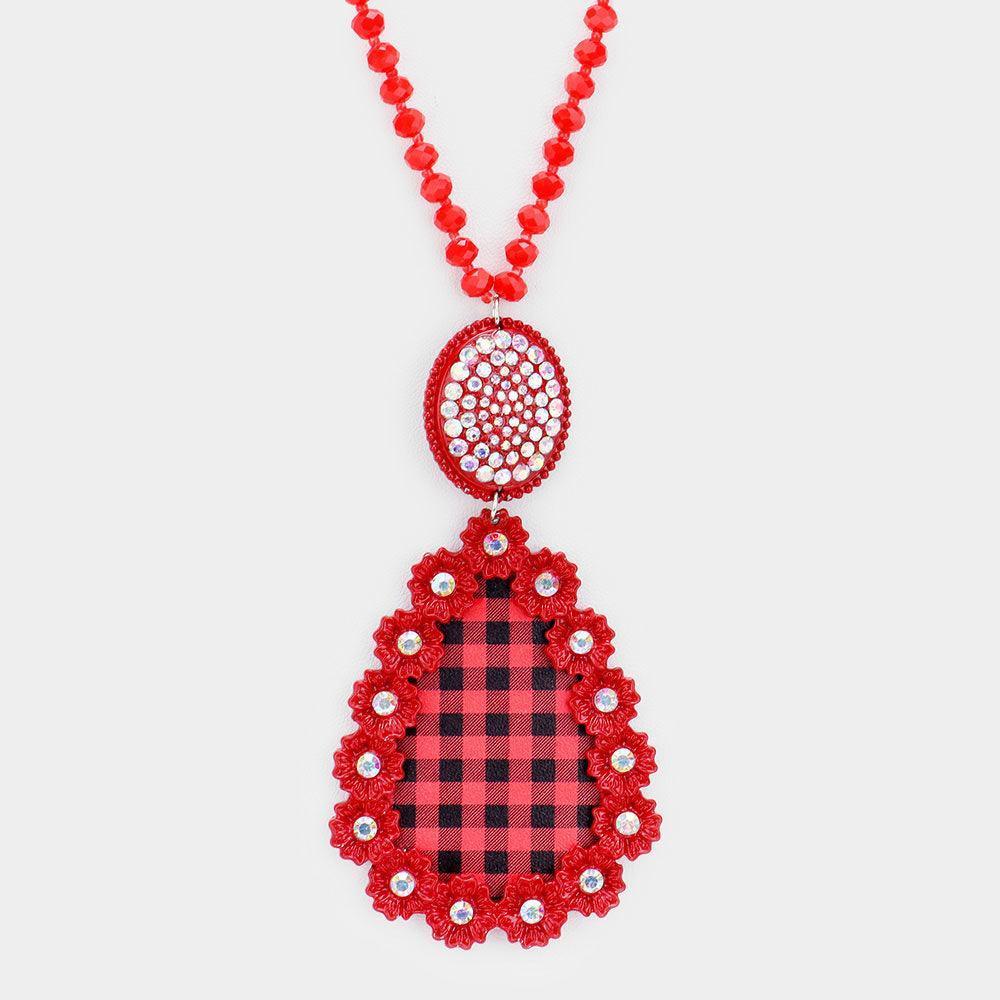 Red Buffalo Check Plaid Flower Rhinestone Pendant Long Necklace - Jewelry Store by Erik Rayo