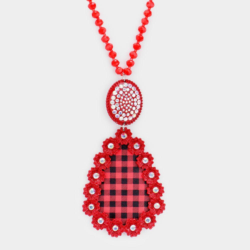 Red Buffalo Check Plaid Flower Rhinestone Pendant Long Necklace