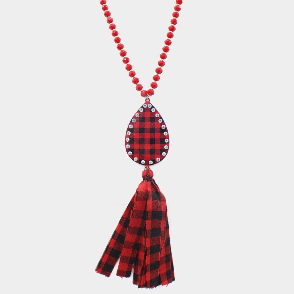 Red Buffalo Plaid Teardrop Metal Fabric Tassel Dangle Pendant Long Necklace - Jewelry Store by Erik Rayo