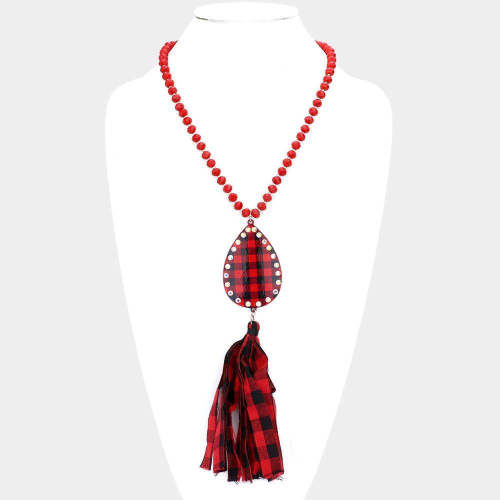 Red Buffalo Plaid Teardrop Metal Fabric Tassel Dangle Pendant Long Necklace - Jewelry Store by Erik Rayo