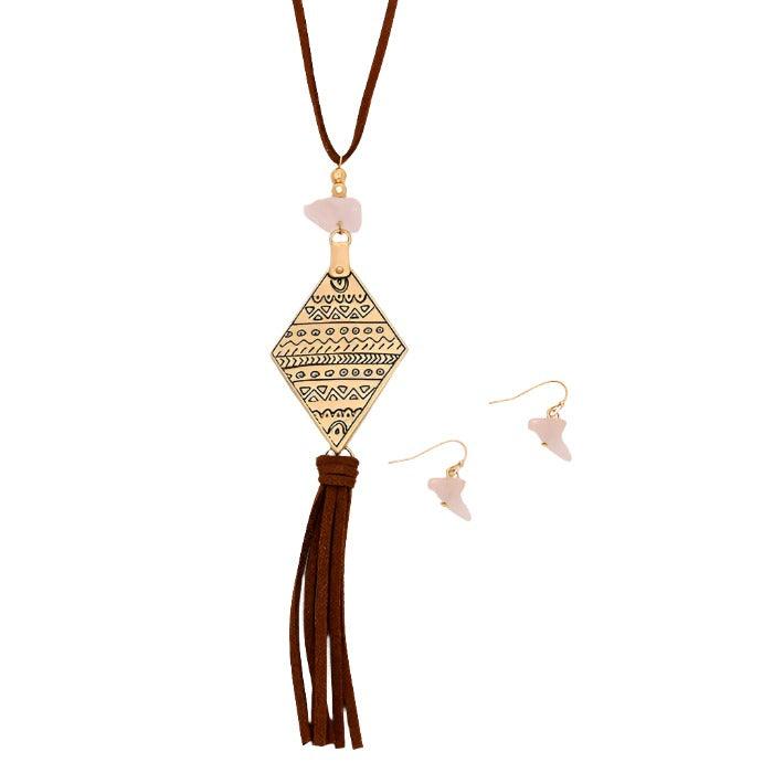 Peach Raw quartz & faux suede tassel drop aztec long necklace