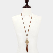 Load image into Gallery viewer, Peach Raw quartz &amp; faux suede tassel drop aztec long necklace
