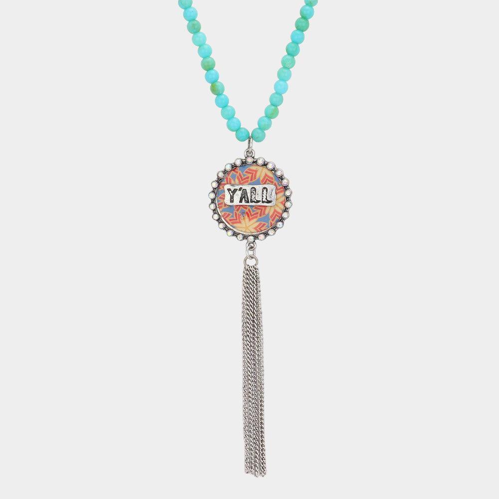 Silver Y'all Patterned Round Drop Chain Tassel Necklace - Jewelry Store by Erik Rayo