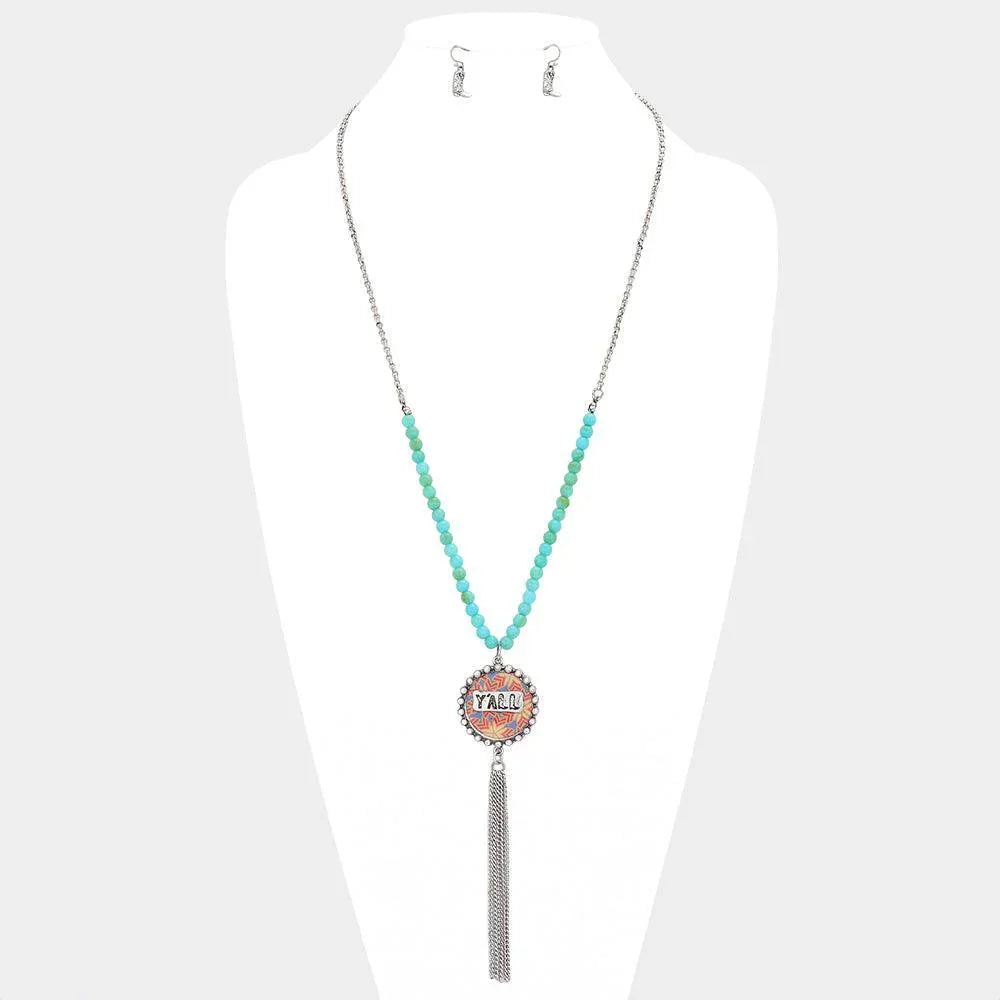 Silver Y'all Patterned Round Drop Chain Tassel Necklace - Jewelry Store by Erik Rayo