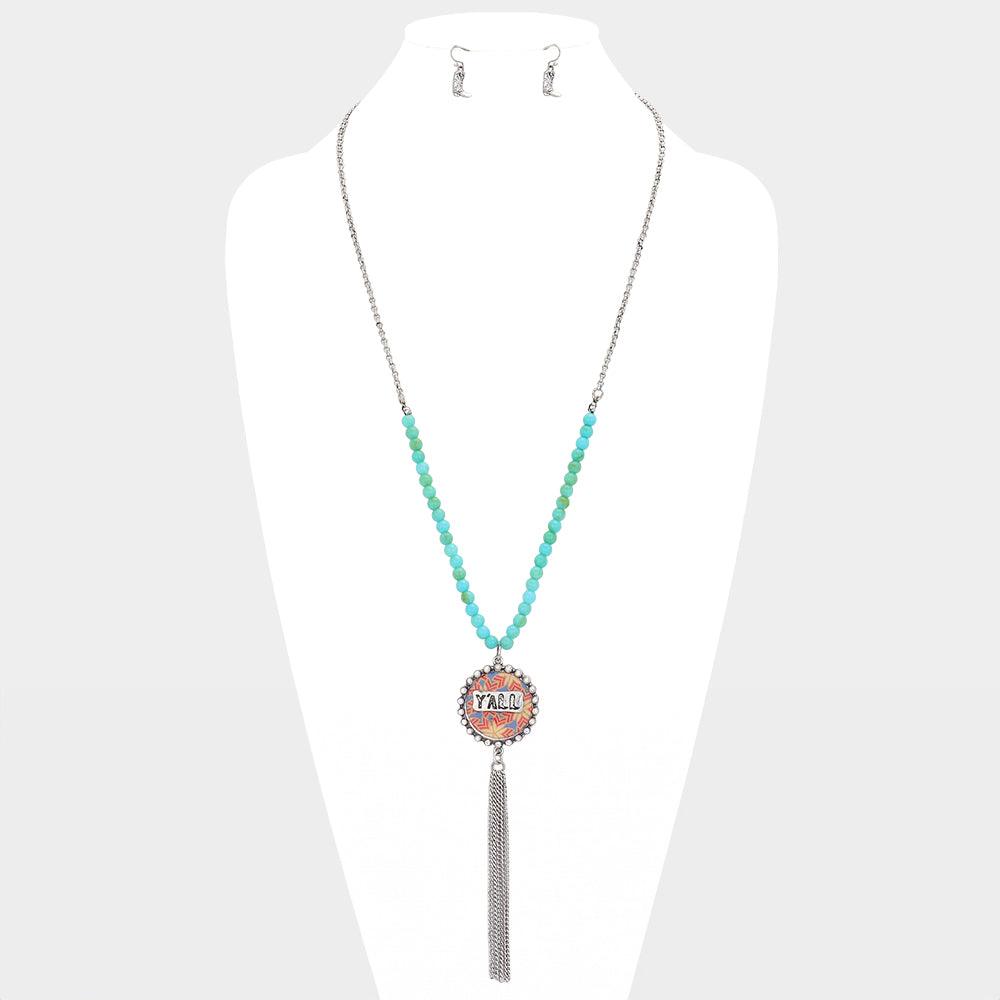 Silver Y'all Patterned Round Drop Chain Tassel Necklace