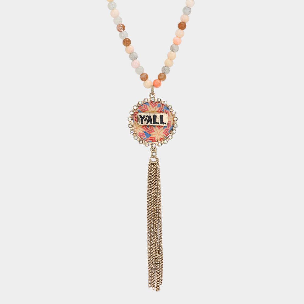 Gold Y'all Patterned Round Drop Chain Tassel Necklace - Jewelry Store by Erik Rayo
