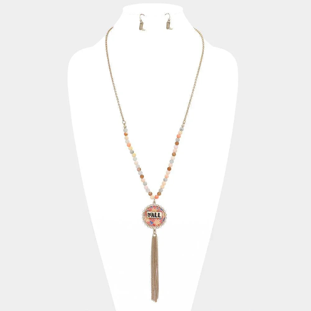 Gold Y'all Patterned Round Drop Chain Tassel Necklace - Jewelry Store by Erik Rayo