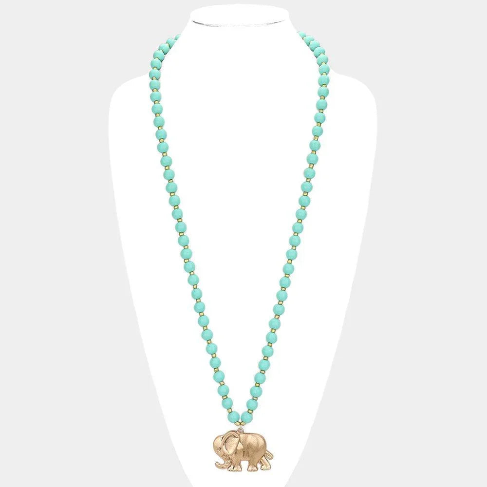 Turquoise Worn Metal Elephant Pendant Wood Long Necklace - Jewelry Store by Erik Rayo