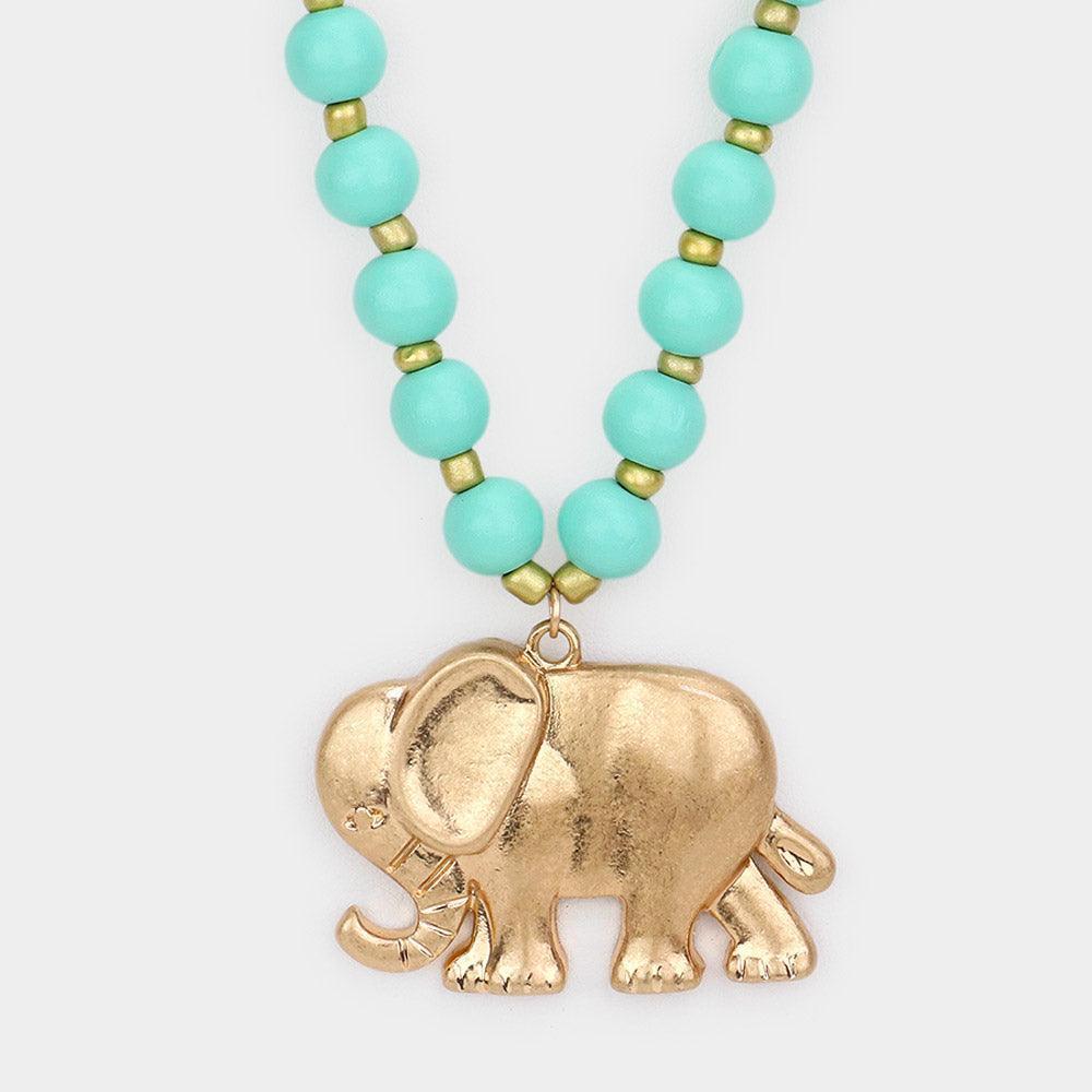 Turquoise Worn Metal Elephant Pendant Wood Long Necklace - Jewelry Store by Erik Rayo