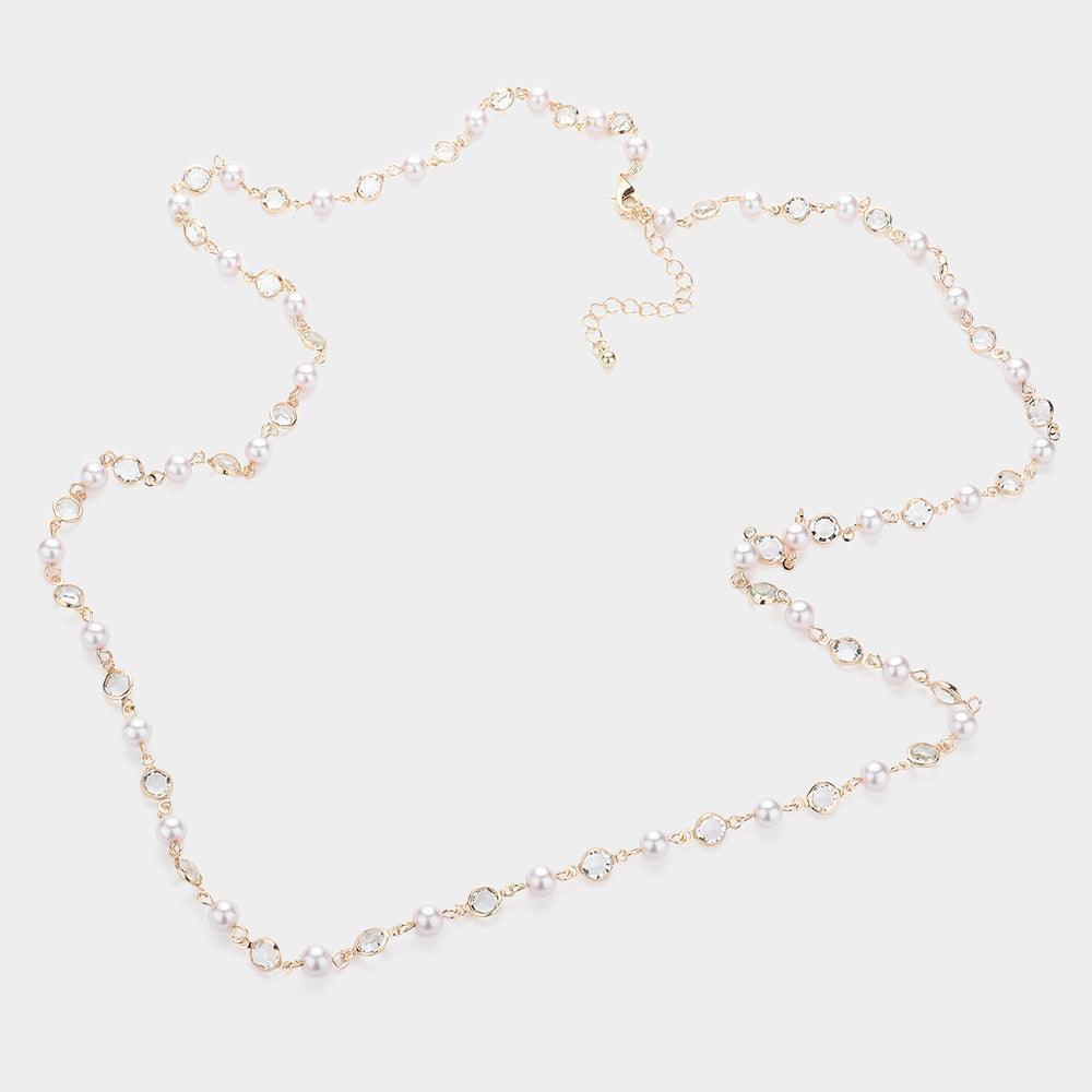 Cream Pearl Clear Bezel Station Long Necklace - Jewelry Store by Erik Rayo