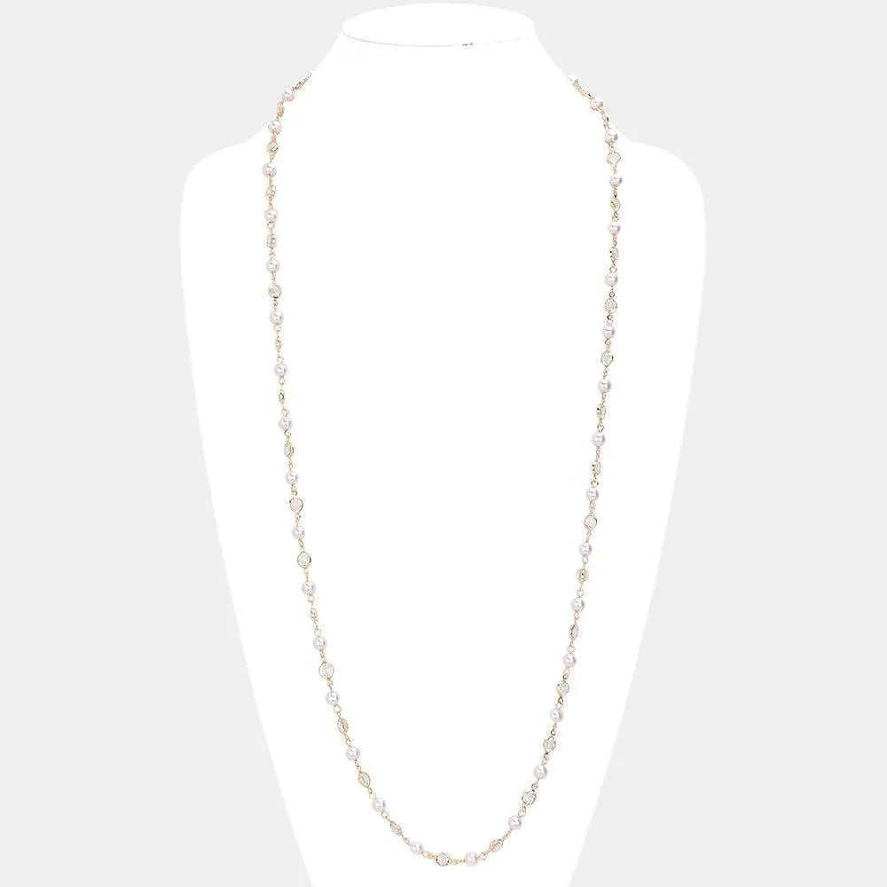 Cream Pearl Clear Bezel Station Long Necklace - Jewelry Store by Erik Rayo
