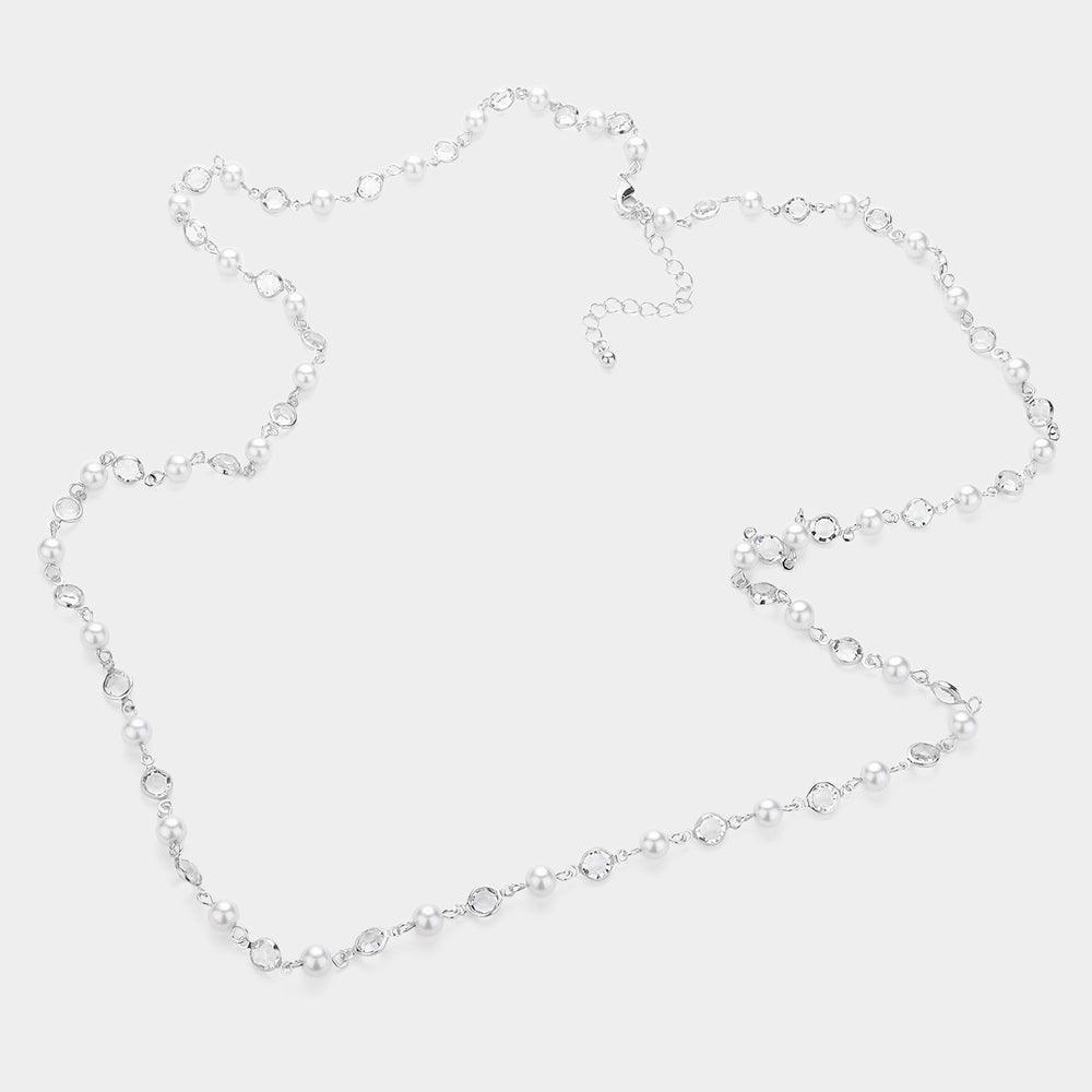 White Pearl Clear Bezel Station Long Necklace - Jewelry Store by Erik Rayo