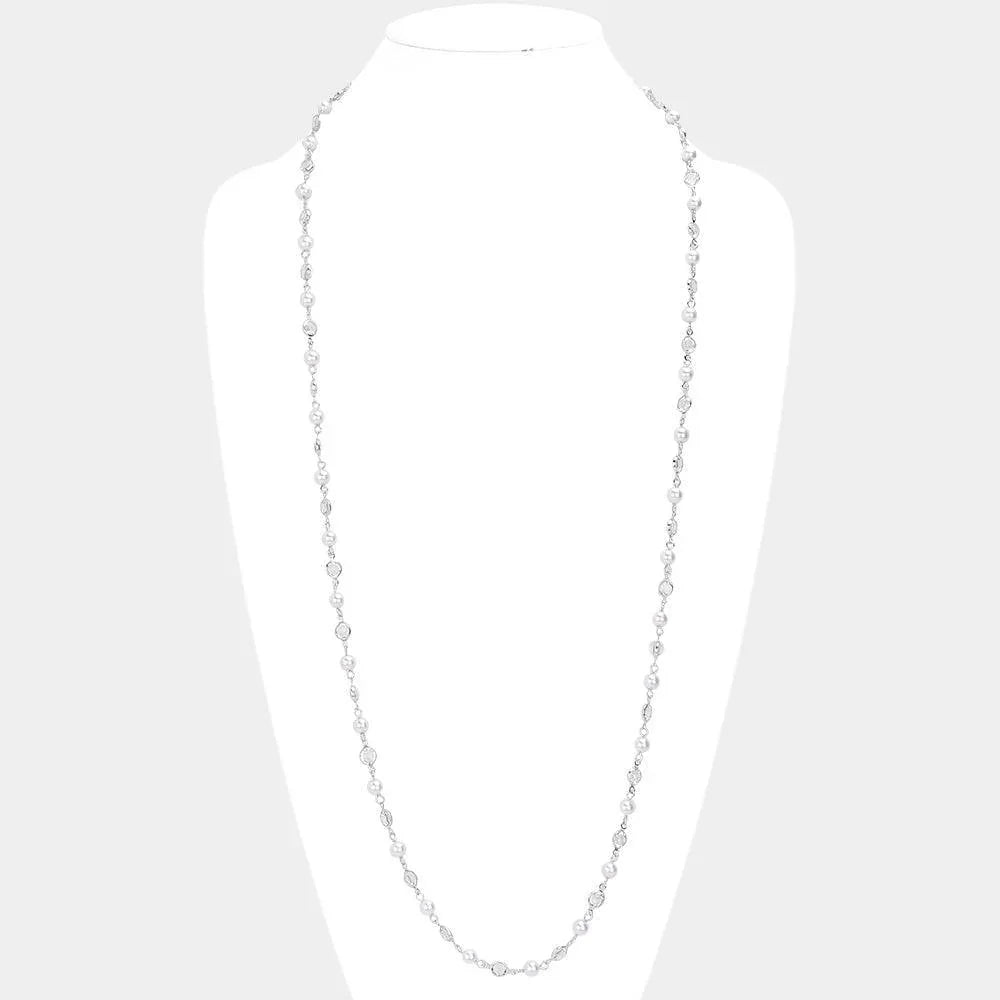 White Pearl Clear Bezel Station Long Necklace - Jewelry Store by Erik Rayo