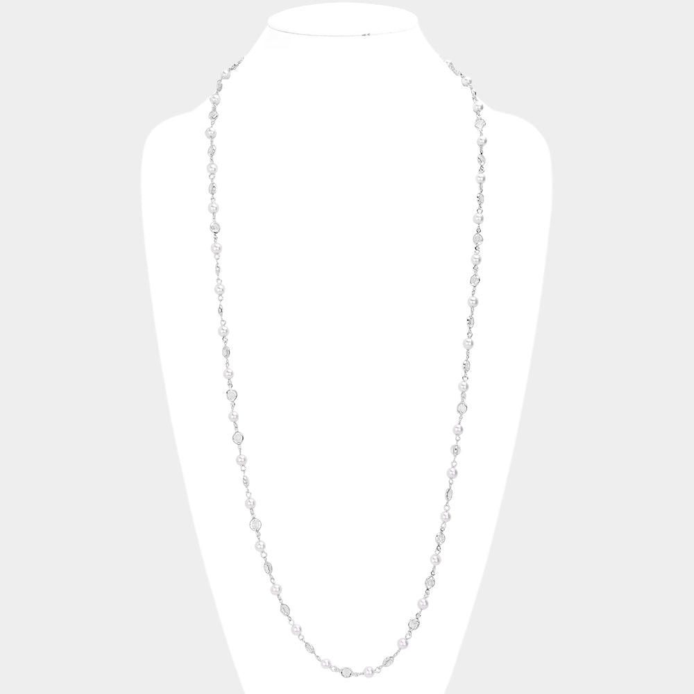 White Pearl Clear Bezel Station Long Necklace