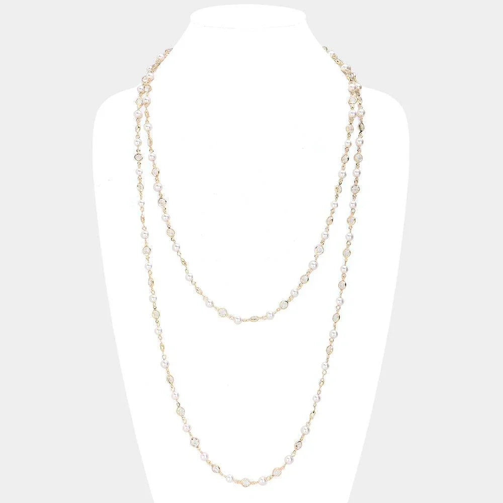 Clear Pearl Clear Bezel Station Long Necklace - Jewelry Store by Erik Rayo