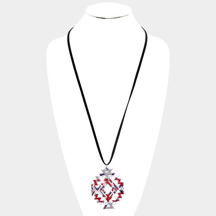 Silver Enamel Aztec Pattern Pendant Leather Long Necklace - Jewelry Store by Erik Rayo