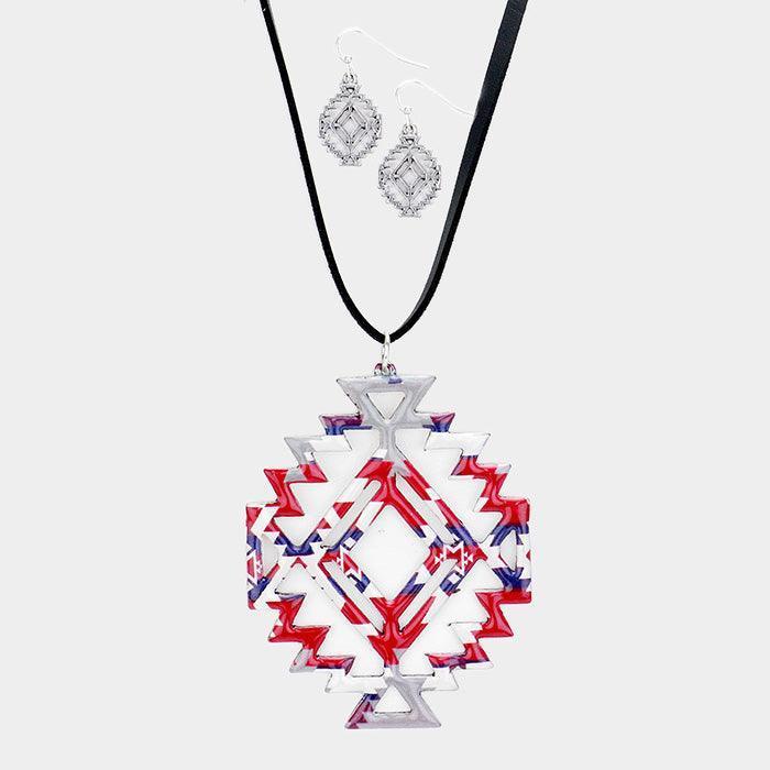Silver Enamel Aztec Pattern Pendant Leather Long Necklace - Jewelry Store by Erik Rayo