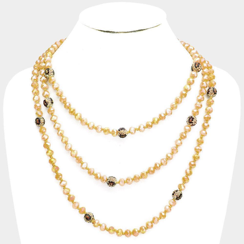 Leopard Pattern Shamballa Ball Accented Faceted Bead Long Necklace - Jewelry Store by Erik Rayo