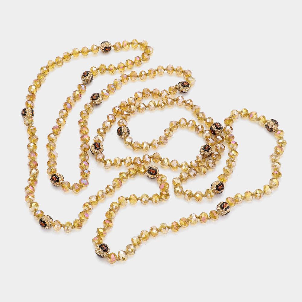 Leopard Pattern Shamballa Ball Accented Faceted Bead Long Necklace - Jewelry Store by Erik Rayo