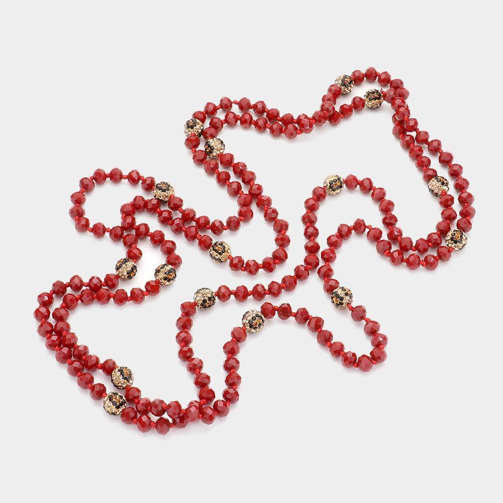Burgundy Leopard Pattern Shamballa Ball Accented Faceted Bead Long Necklace - Jewelry Store by Erik Rayo